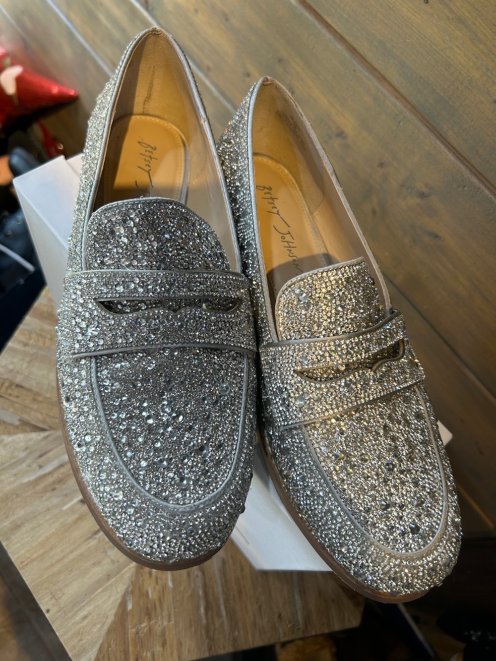 Betsey Johnson Silver Crystal-Embellished Penny Loafers